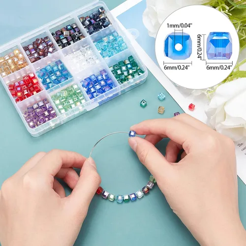Miniatura 3 de PH PandaHall 360 cuentas de cristal en forma de cubo, 12 colores, cuentas galvanizadas facetadas de 0.236 in, cuentas sueltas para collares, aretes