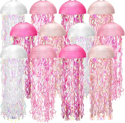 Miniatura 12 de Baquler Juego de 12 linternas de papel de medusas de 10 pulgadas, linternas semicírculas de sirena, decoración colgante para aula, baby shower, bajo