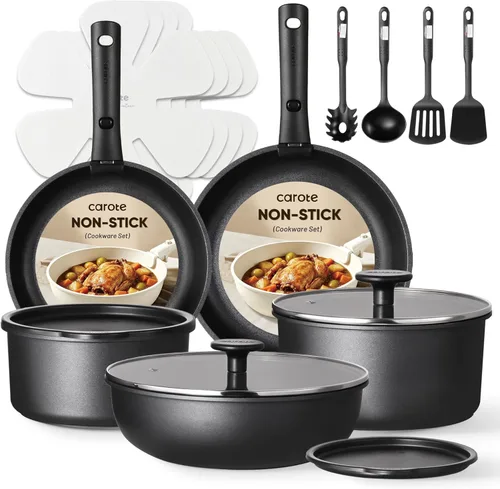CAROTE Juego de 17 piezas de ollas y sartenes antiadherentes, juego de utensilios de cocina con mango desmontable, juego de cocina antiadherente de