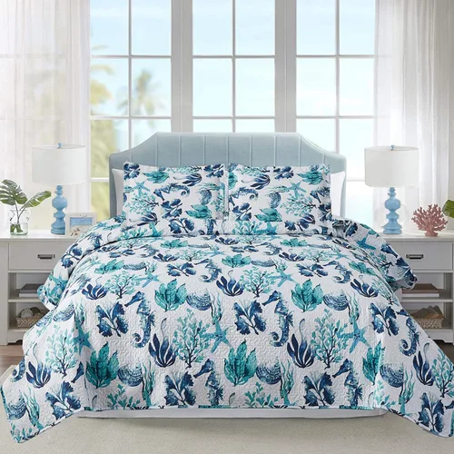 Miniatura 8 de Hailea Edredón oceánico tamaño matrimonial/queen, ropa de cama costera ligera para verano, playa, colcha náutica, conchas de mar azul, sábana con 2
