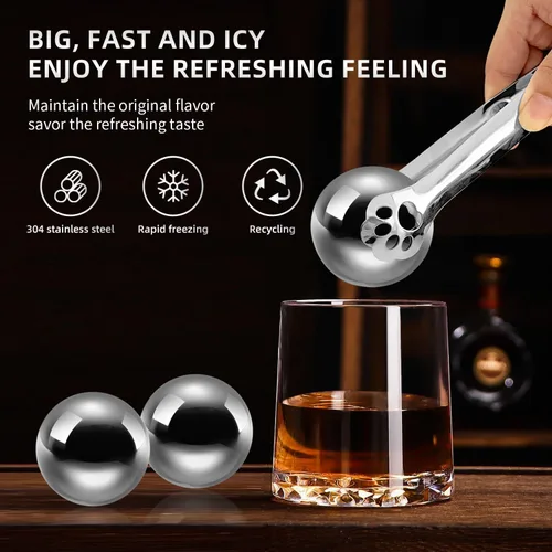 Miniatura 5 de Juego de 4 esferas de hielo de acero inoxidable reutilizables, esferas de cubitos de hielo para bebidas, piedras de whisky, regalos para hombres