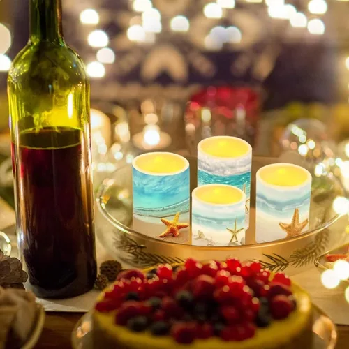 Miniatura 5 de Velas LED parpadeantes operadas por batería, juego de 4 con control remoto y temporizador, velas de llama danzante, velas de pilar para mesa, Playa