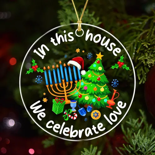 Adorno Colgante para Árbol de Navidad de Janucá – En Esta Casa Celebramos el Amor – Adornos de Janucá para Árbol – Decoración Interreligiosa para