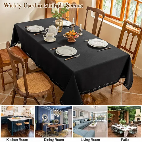 Miniatura 6 de AmHoo - Mantel de lino con borlas y bordado rectangular decorativo para mesa natural para cocina, comedor, buffet de boda, 55 x 55 pulgadas, negro