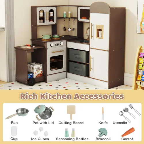 Miniatura 7 de Costzon Cocina de Juego de Esquina, Pequeño Chef Cocina de Juego de Simulación con Luz y Sonido Reales, Carrito Extraíble, Contenedores de Tela