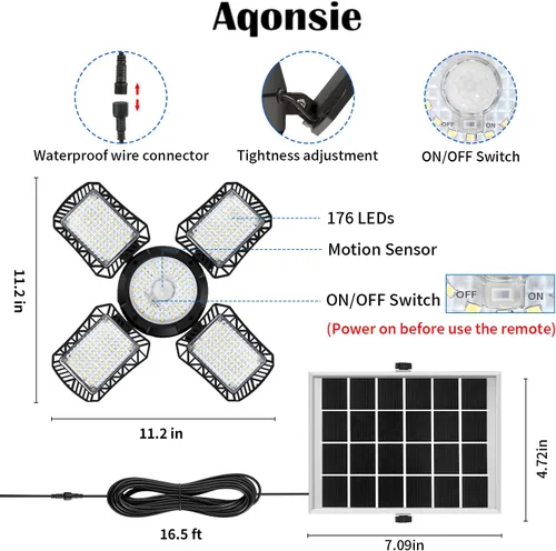 Miniatura 5 de Luz Solar para Cobertizo Interior y Exterior, 176LED Luz Colgante con Sensor de Movimiento Solar Disponible Durante el Día, Luces Solares Interiores