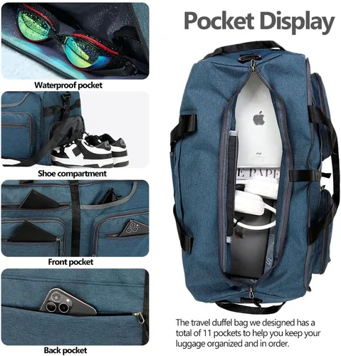 Miniatura 4 de Bolsa de viaje plegable de 65 litros con compartimento para zapatos y bolsillo húmedo, impermeable y resistente a desgarros, A4-azul oscuro