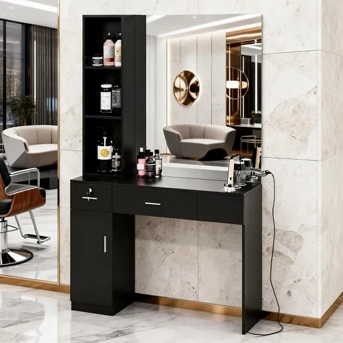 Miniatura 8 de OmySalon Estación de peluquería con espejo, estación de peluquería para estilista, equipo de spa de belleza de montaje en pared con 3 soportes