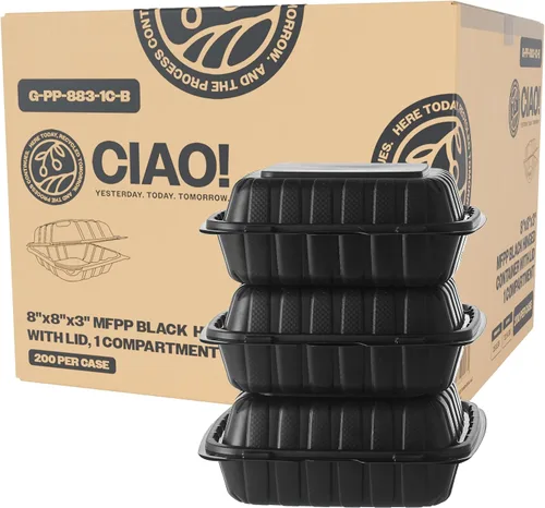 Miniatura 21 de CIAO! Contenedor blanco con bisagras MFPP de 9"x9"x3" con tapa 1 compartimento (caja de 150)