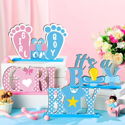 Miniatura 3 de Suzile 6 piezas centros de mesa de revelación de género para bebés, decoraciones de madera azul y rosa para fiesta de revelación de género