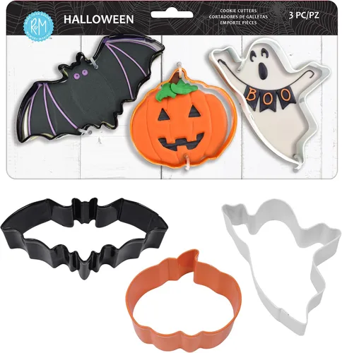 Miniatura 2 de R&M Cortador de galletas de Halloween de 3 piezas. Incluye murciélago, calabaza, fantasma, negro, naranja, revestimiento de poliresina blanca