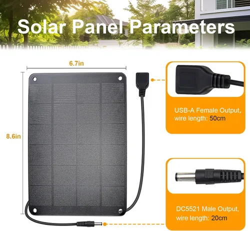 Miniatura 3 de Panel solar con gancho de metal, módulo monocristalino de alto rendimiento de 5V 6W con salida USB-A hembra y DC macho, panel impermeable