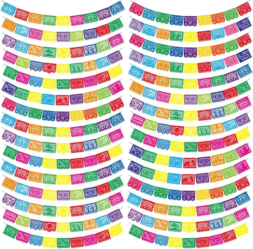 Miniatura 7 de Kinlop 20 pancartas de fiesta mexicana de 15 pies para fiesta de papel picado a granel Cinco de Mayo, banderas de Día de los Muertos Día