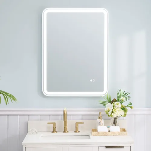 Miniatura 14 de WELLFOR Espejo LED enmarcado de 48 pulgadas de ancho x 36 pulgadas de largo, espejo rectangular de esquina redondeada de metal con luces para baño