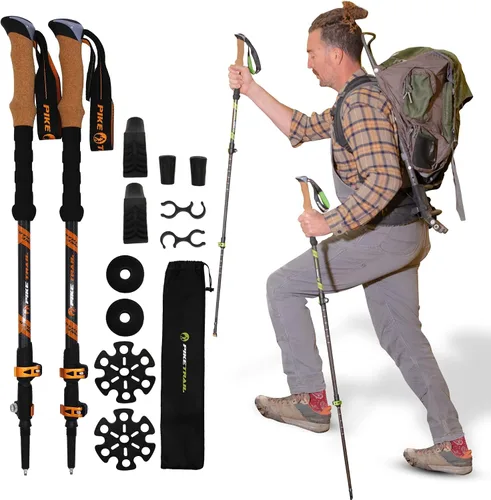 Pike Trail Bastones de trekking – Palillos plegables de fibra de carbono ligeros para caminar y senderismo – para hombres y mujeres – Altura