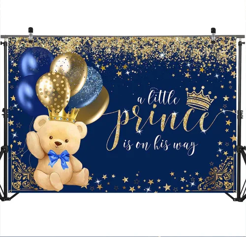 Miniatura 3 de Mocsicka Telón de fondo de oso con corona real para niños, baby shower, globo azul marino de oso real, un principito está en su camino, fondo
