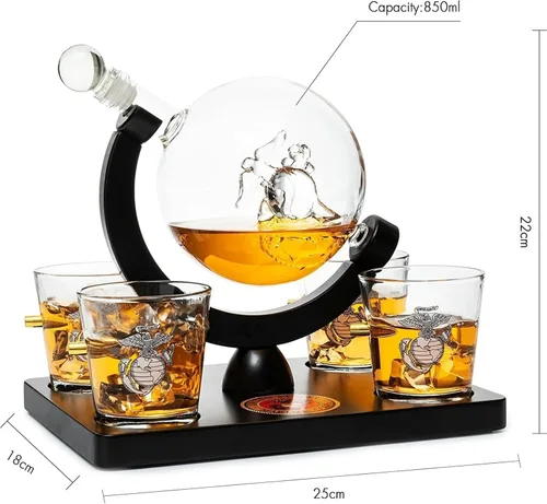 Miniatura 9 de U.S. Marine Globe - Juego de decantador de whisky con 4 vasos de licor, juego de regalo USMC con base de madera de caoba y emblema, regalos USMC