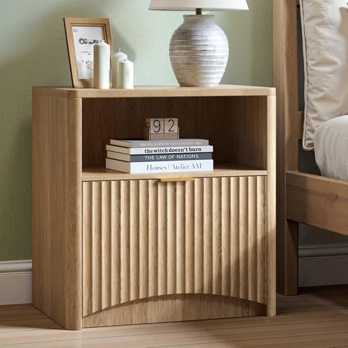 Evermagin Mesita de noche acanalada, mesita de noche de roble natural con cajón y almacenamiento, mesa auxiliar de madera moderna de mediados de