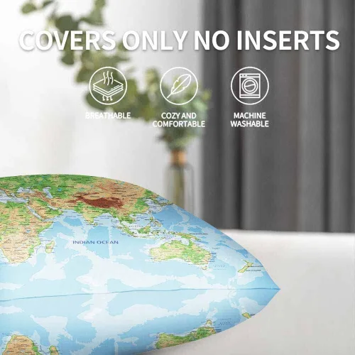 Miniatura 5 de Juego de 2 fundas de almohada decorativas con diseño de mapa del mundo, geografía terrestre y marítima con etiquetado, para el hogar, sofá, silla
