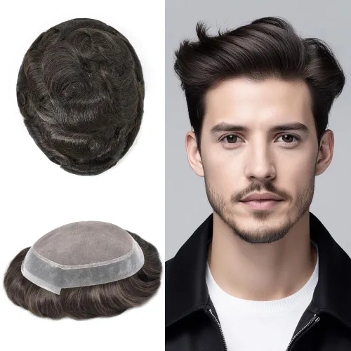 Miniatura 58 de Tupé para hombres, piezas de cabello humano real, sistema de unidades de cabello natural, línea capilar natural, pieza de repuesto para hombres