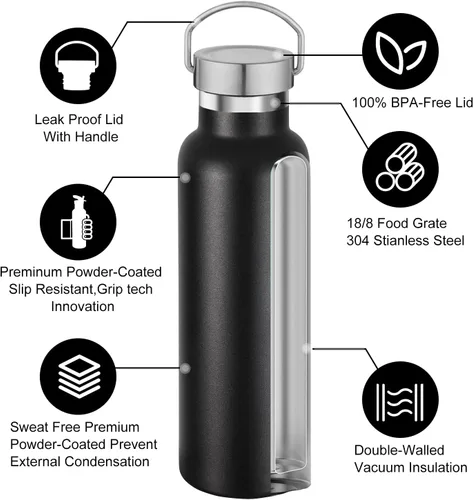 Miniatura 3 de Neihepal Botellas de agua de acero inoxidable negras, botella de viaje de doble pared con aislamiento al vacío de 20 onzas con tapa a prueba