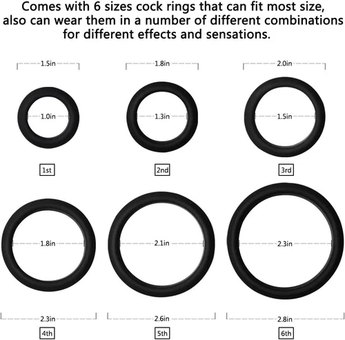 Miniatura 3 de Cob Anillos de silicona para hombres, paquete variado de 6 tamaños, anillos elásticos para el pene para adultos, juguetes de bienestar sexual