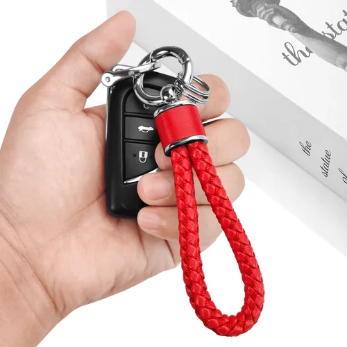 Miniatura 2 de Tukellen Llavero de tejido de cuero para automóvil, llavero de regalo para mujer, con anillo en D giratorio de 360 grados y destornillador, Rojo