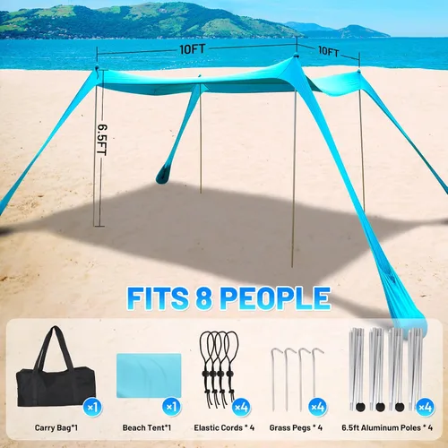 Miniatura 3 de Tienda de campaña familiar para playa, toldo para el sol, tienda de campaña grande desplegable para la playa, estabilidad, 4 postes con bolsa