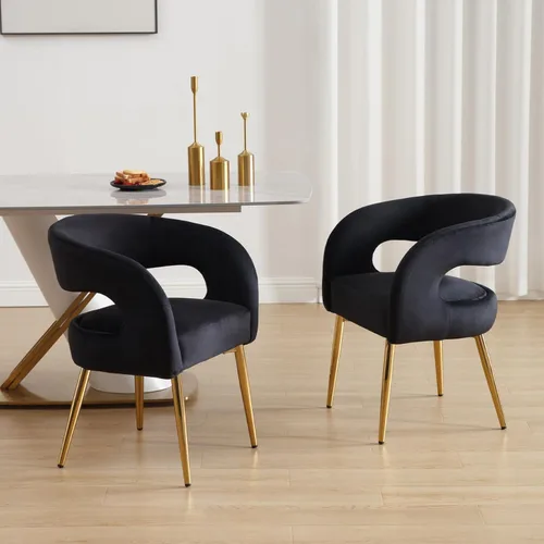 Hyfirm Juego de 2 sillas de comedor negras tipo barril, sillas de comedor de terciopelo con patas doradas, respaldo hueco, sillones modernos y