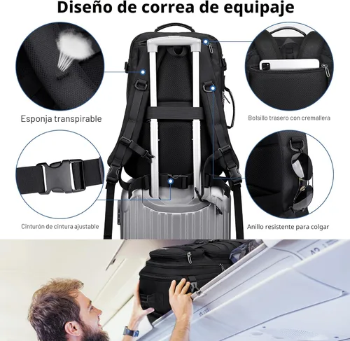 Miniatura 6 de WITZMAN Mochila de viaje de mano para hombre, grande, convertible de 45 litros, ajuste de 17 pulgadas, mochila 3 en 1, para aerolínea aprobada Negro