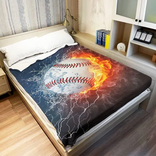 Miniatura 3 de YISUMEI Manta de béisbol impresa en 3D, 60 x 80 pulgadas, bola blanca chocar en agua y fuego, ideal para decoración del hogar con temática deportiva