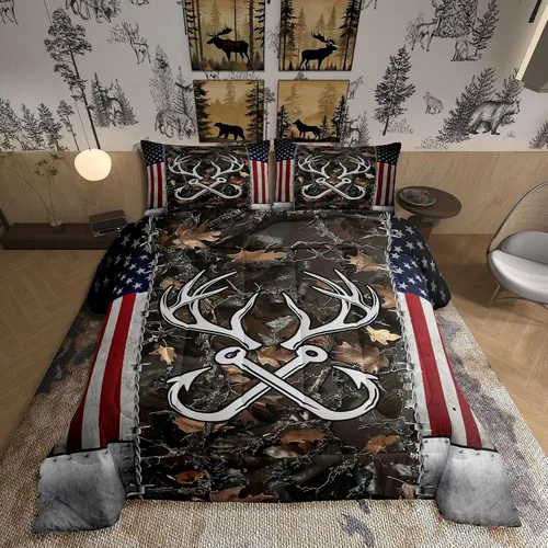 Miniatura 50 de Juego de ropa de cama Happy Camping de Homewish, tamaño individual, con diseño de osos cazadores y pinos, para niños, hombres, adultos, decoración