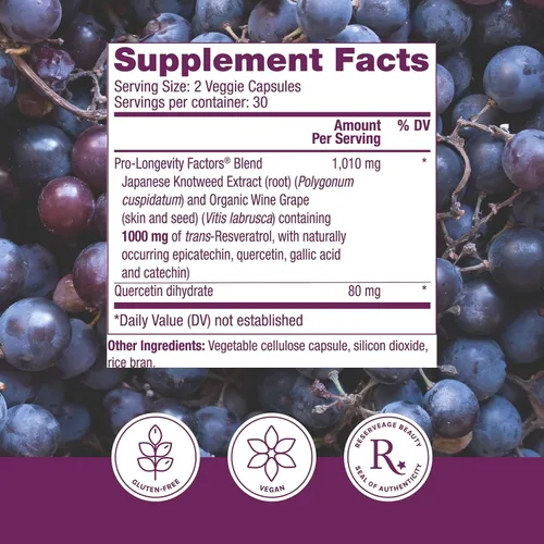 Miniatura 2 de Reserveage Beauty, Resveratrol 1000 mg, suplemento antioxidante para la salud del corazón y el apoyo inmunológico, apoya el envejecimiento saludable