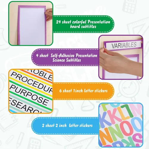Miniatura 2 de PerKoop 36 Hojas Tableros de Póster para Feria de Ciencias Suministros 24 Subtítulos de Presentación Autoadhesivos 4 Títulos de Proyectos de Feria