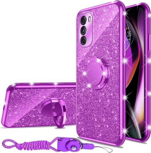 Miniatura 30 de nancheng Funda de teléfono con purpurina para Motorola Moto One 5G Ace (One 5G UW Ace) funda de TPU suave con anillo giratorio de 360°, funda