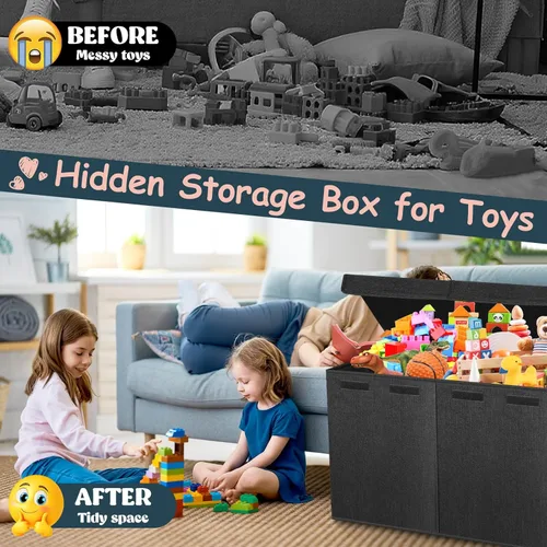 Miniatura 7 de Caja de juguetes extragrande con tapas, organizador de almacenamiento plegable y resistente para niños, cesta grande con divisores para niños y Negro