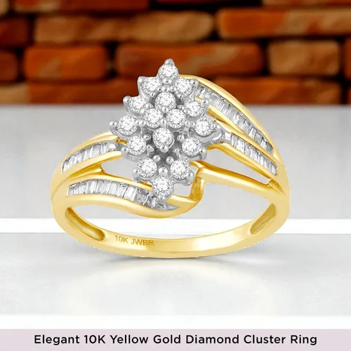 Miniatura 2 de Anillo de oro amarillo de 10 quilates de Jewelili con diamantes blancos naturales redondos y de corte baguette de 12 CTW para mujeres Joyería fina