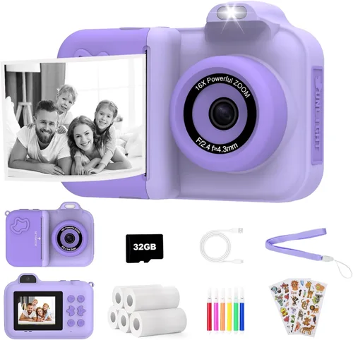 Cámara de impresión instantánea para niños, selfie de doble lente HD de 1080P, cámara digital para niños pequeños con 5 rollos de papel y tarjeta de