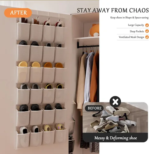 Miniatura 7 de homyfort Organizador de zapatos sobre la puerta, 24 bolsillos grandes de malla transpirable, estante colgante para zapatos que ahorra espacio