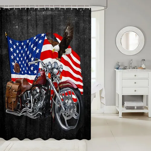 Miniatura 2 de Cortinas de ducha con bandera estadounidense, cortinas de baño de motocicleta para niños, adolescentes y adultos, cortinas de baño impermeables