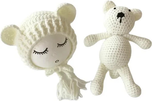 Miniatura 7 de Accesorios de fotografía para recién nacidos, sombrero de oso, sesiones de fotos de bebé, trajes de fotos para posar fotos de ganchillo, oso muñeca