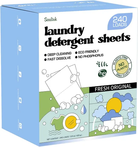 Miniatura 9 de Soulink Hojas de detergente para ropa con aroma a ropa recién lavada 240 cargas, tiras de detergente ecológicas para viajes y hogar - Sin envases