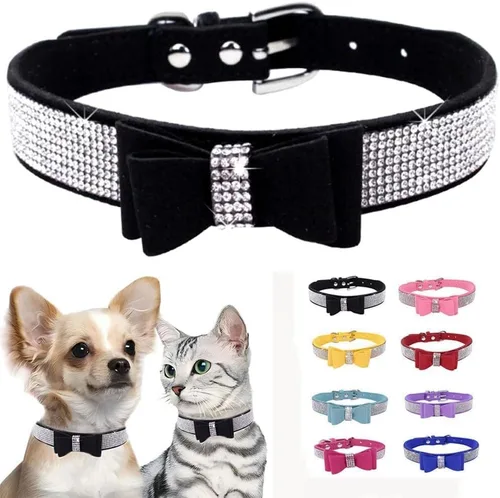 Miniatura 37 de Collar para perro con cristales de imitación, collar de piel sintética con brillantes para perro, gato y cachorro en color negro, tallas S M L XL