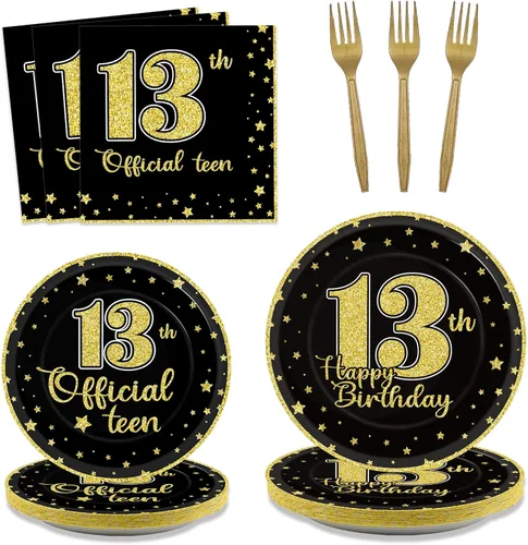 Juego de vajilla de 96 piezas para cumpleaños número 13, platos desechables oficiales para adolescentes de 13 años, platos de fiesta de cumpleaños,