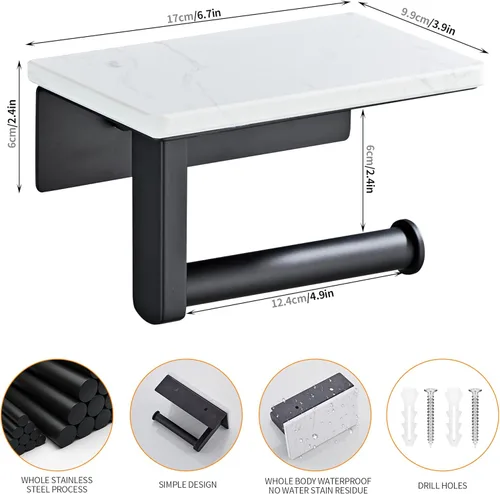 Miniatura 3 de Soporte de papel higiénico negro mate con estante, tornillo de acero inoxidable 304 montado en la pared, soporte de rollo de papel de mármol