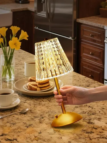 【3200mAh】Lámpara de mesa de latón, 3 colores + regulable + lámpara de cristal táctil LED dorada, iluminación ambiental, luz ambiental, decoración de