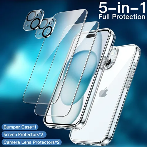 Miniatura 3 de JETech Funda 5 en 1 para iPhone 15 de 6.1 pulgadas con 2 protectores de pantalla de vidrio templado y protector de lente de cámara, no se pone