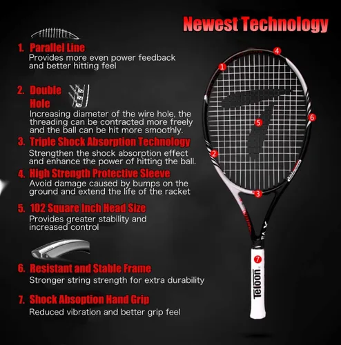 Miniatura 5 de Teloon Serie Sensus Triple absorción de impactos Raqueta de tenis para adultos, raqueta de tenis para mujer incluye funda para bolsa