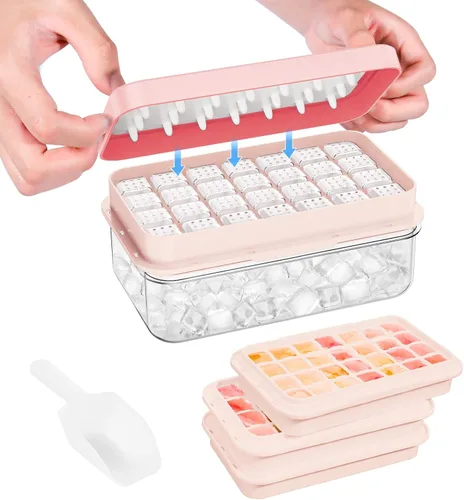 Miniatura 10 de Bandeja para cubitos de hielo con tapa y contenedor, 28 moldes para cubitos de hielo, bandejas de hielo para congelador, molde de bandeja