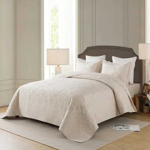 Miniatura 7 de NEWLAKE - Juego de cubrecama reversible de microfibra bordada con patrón floral en relieve en jacquard beige, tamaño queen